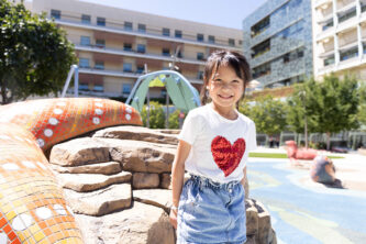 Mikayla, a heart patient, poses in the playground at the Lucile Packard Children's Hospital.